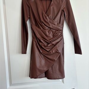 Zara Chocolate Brown Faux Leather Long Sleeve Dress